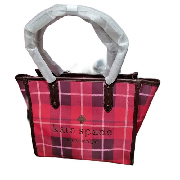 KATE SPADE PLAID TOTE BAG "ELLA" BRIGHT ROSE RED & BLACK PURSE NEW! - Picture 5 of 5